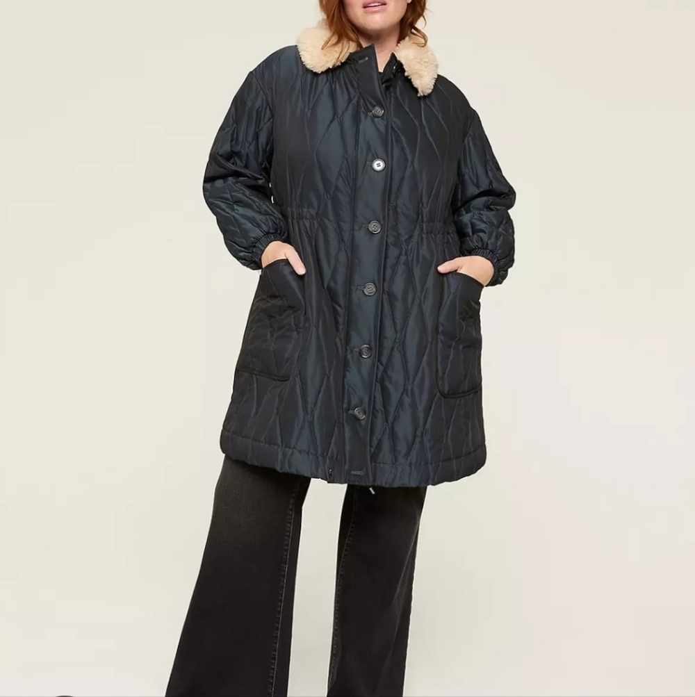 Lane Bryant Blue Quilted Puffer Coat with Faux Fur Collar Sz 22-24 NWT